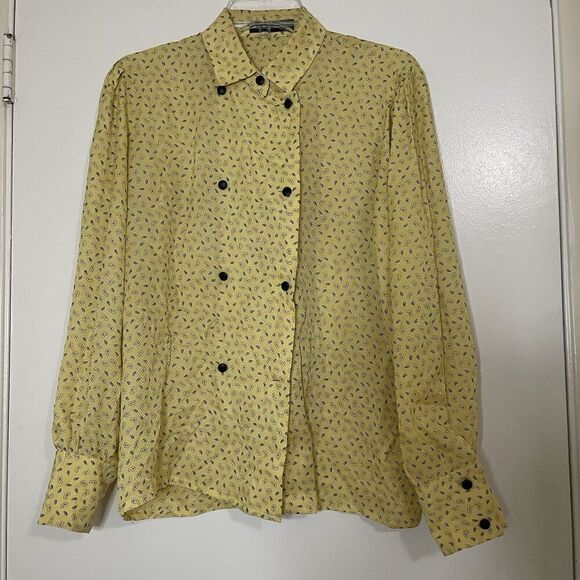Vintage 80's Louis Feraud yellow silk paisley print double button up blouse US 8 - Picture 1 of 9